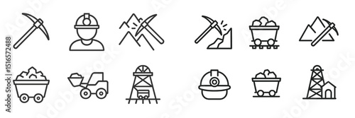 Mining symbols and equipment representing the industry and activities in mineral extraction