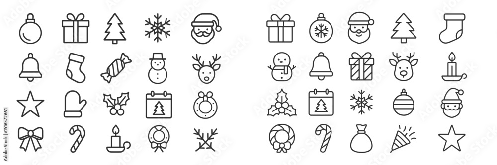 Fototapeta premium Icons showcasing various Christmas and winter holiday symbols in a simple linear design