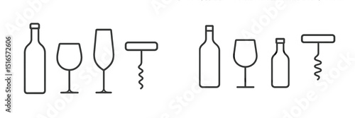 Wine bottles and glasses displayed in a minimalist style with corkscrews indoors, perfect for a classy event or celebration