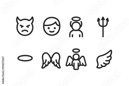 Symbols of good and evil represented by simple line icons in a minimalistic style suitable for various designs and applications