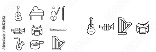 Collection of musical instruments including guitars, pianos, flutes, and drums arranged in a minimalistic style