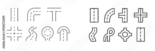 Road design symbols for urban planning, featuring various intersections and pathways in a clear and minimalistic style