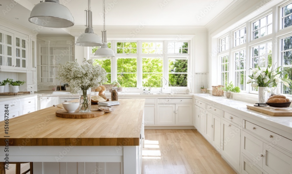 Fototapeta premium bright spacious kitchen interior with central island, white cabinetry, pendant lighting, natural wood countertops, soft daylight from wide windows