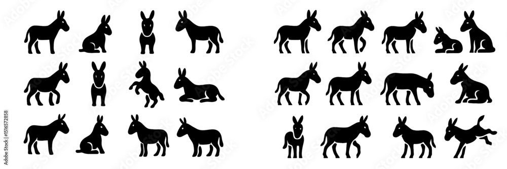 Stylized black donkey illustrations in various poses on a white background showcasing playful and relaxed behaviors Stylized black donkey illustrations in various poses on a white background showcasing playful and relaxed behaviors