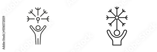 Celebratory figures raising arms with snowflakes and light symbols in a minimalist design during a winter festival setting