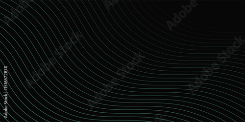 Abstract background with waves for banner. Medium banner size. Vector background with lines. Element for design isolated on black. Black, green and blue. Ocean, night, card