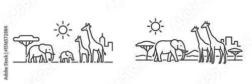 Elephants and giraffes in a sunny savanna landscape with trees and distant hills during the day
