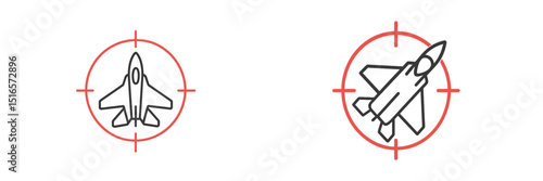Military aircraft icons aimed with targeting reticles for defense purposes in modern warfare technology