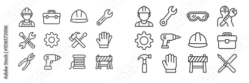 Construction tools and equipment icons depicting various trades and occupations in a simple style suitable for design projects