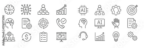 Modern icons representing artificial intelligence concepts and applications in technology and business environments