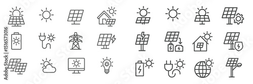 Solar energy icons showcasing renewable technology for sustainable living and energy efficiency applications