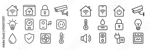 Collection of smart home icons representing security, connectivity, and automation features for modern living