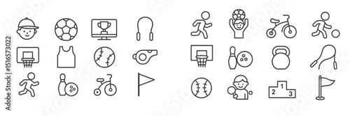 Sports icons representing various athletic activities, games, and equipment in a creative layout showcasing fitness and competition