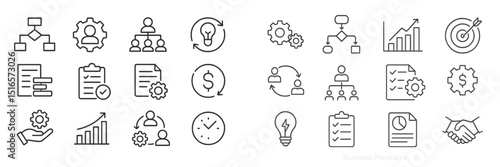 Collection of business process icons illustrating teamwork, planning, and productivity enhancements for modern workplaces