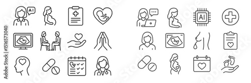 Healthcare icons depicting pregnancy, technology, and medical services in a digital format for education and awareness