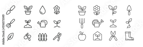 Gardening icons showcasing tools and plants for outdoor activities in nature during spring season
