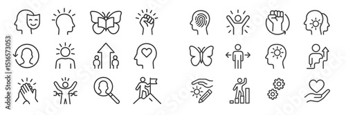 Collection of minimalist icons representing personal growth, mindfulness, and emotional well-being concepts in various styles