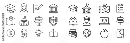 Collection of education-related icons including graduation, school, and learning symbols displayed in a clear layout