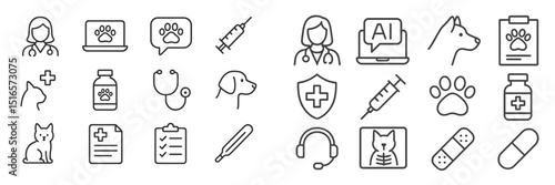 Veterinary care icons depicting various services and tools for animal health and wellness in a clean design