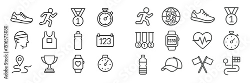 Collection of fitness and running icons representing various athletic activities and events in a minimalist style