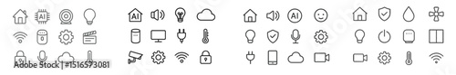 Variety of simple line icons representing technology, home automation, and security elements arranged in a cohesive layout