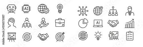 Collection of icons representing artificial intelligence and data analytics in a modern workspace setting