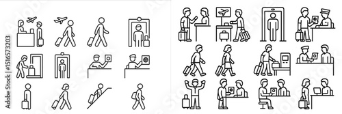 Icons representing various activities at an airport including check-in, security, and boarding procedures