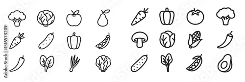 Fresh vegetables and fruits illustrated in a simple line drawing style presented in a grid format