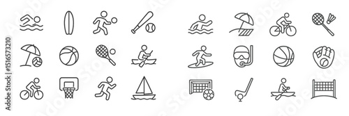 Various sports and recreational activities represented by simple line icons in a grid format, showcasing summer fun and outdoor engagement