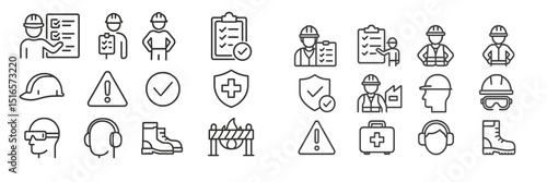 Construction safety icons represent various precautions and protocols for workers at a building site during daylight hours