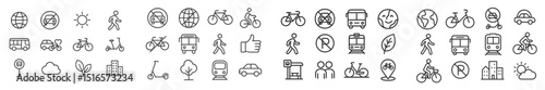 Collection of transportation and nature icons in a minimalist style depicting various modes of movement and environmental symbols