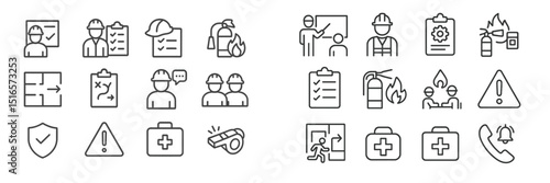 Construction safety icons showcasing best practices and emergency procedures for on-site workers and managers