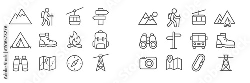Outdoor adventure icons illustrating hiking, camping, and exploring nature in a minimalist style for outdoor enthusiasts