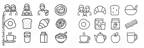 Breakfast icons featuring various food items and joyful gatherings representing a morning meal atmosphere