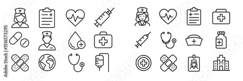 Healthcare icons showcase medical professions, symbols, and equipment in a clean and simple style for diverse applications