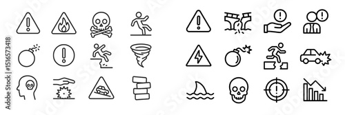 Variety of minimalistic warning symbols depicting various hazards and safety alerts in a clear and simple design