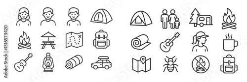 Camping icons showcasing activities and equipment in a simple and modern style