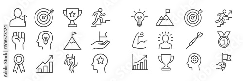 Motivation and achievement icons showcasing progress, goals, and success in various activities and endeavors