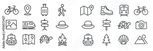 Various travel and outdoor activity icons representing exploration, adventure, and navigation during different journeys