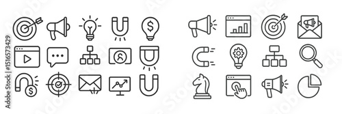 Visual representation of marketing strategies featuring icons of analysis, communication, and engagement tools