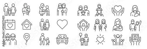 Family icons in simple line art depicting love, care, and togetherness in various settings