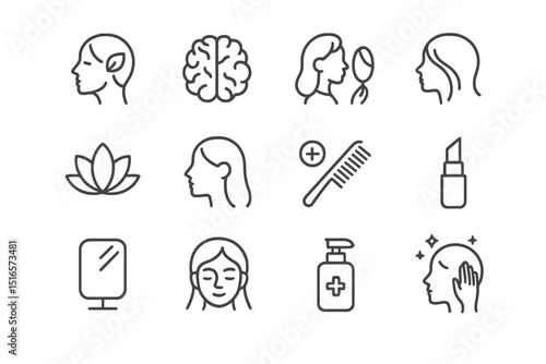 Collection of minimalist line icons representing wellness, beauty, and self-care activities for women