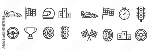 Icons representing motorsport elements including racing cars, trophies, and checkered flags for a vibrant racing theme