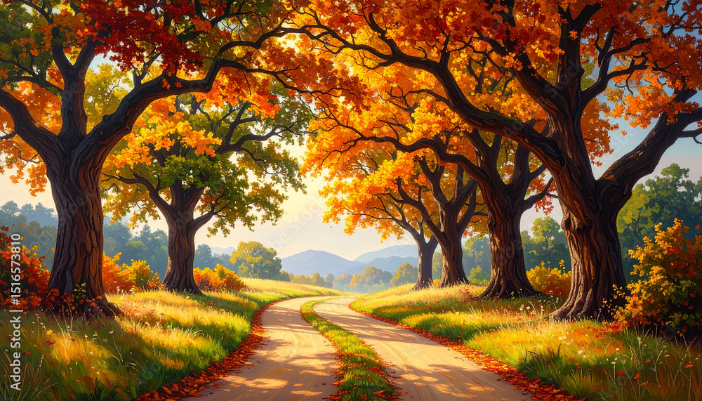 Naklejka premium Beautiful landscape with road under canopy of oak trees.