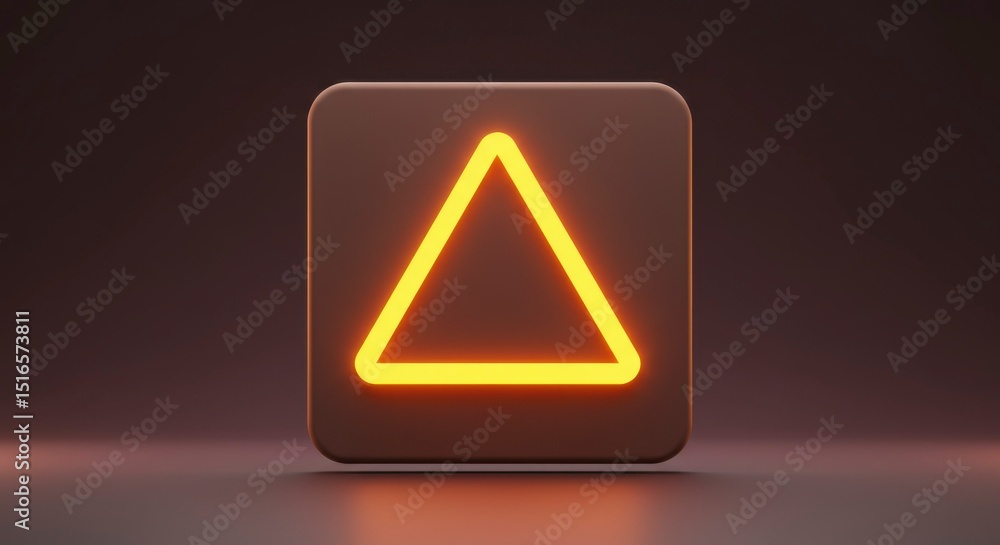 Glowing orange triangle warning symbol inside a dark brown square, reflective surface Glowing orange triangle warning symbol inside a dark brown square, reflective surface