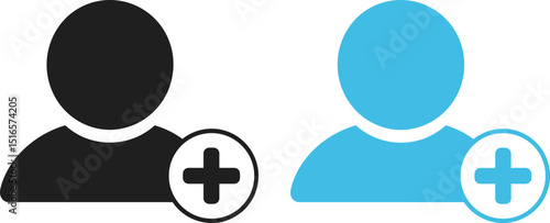 User profile icon with add friend symbol, social media avatar, new contact button, user account creation, network connection sign, user interface graphic.
