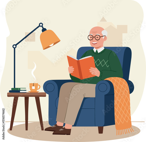 Elderly man reading book in cozy chair with lamp and warm blanket vector illustration 