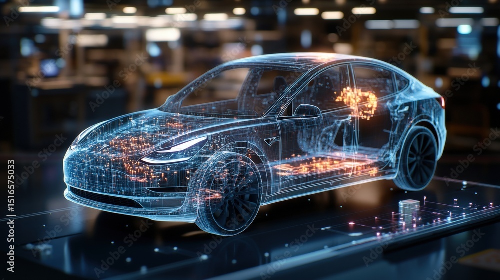 Futuristic transparent car with glowing interior holograms and digital interface in high-tech environment Futuristic transparent car with glowing interior holograms and digital interface in high-tech environment