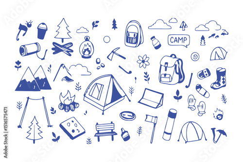 Hand-drawn camping and hiking doodle icons. tent, backpack, boots, map, compass, lantern, gear, and outdoor elements for adventure designs