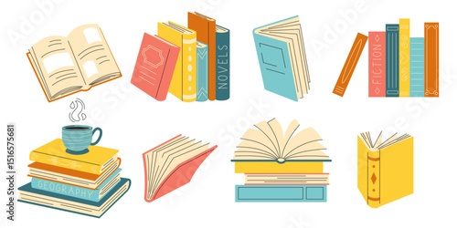  collection of various stacks and piles of books.  set of open and closed books. Educational theme. scientific and fiction literature isolated on white background